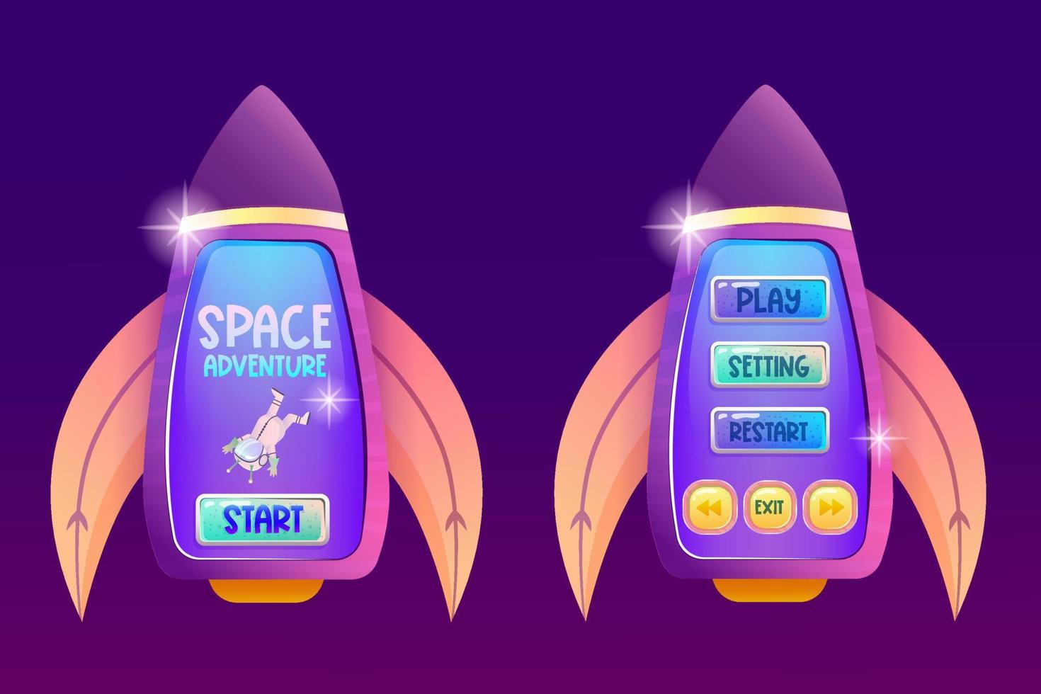 ui do jogo espacial na forma de um foguete para botões ou título do jogo. tela de nave espacial para design de aplicativos móveis. ilustração vetorial de desenho animado vetor