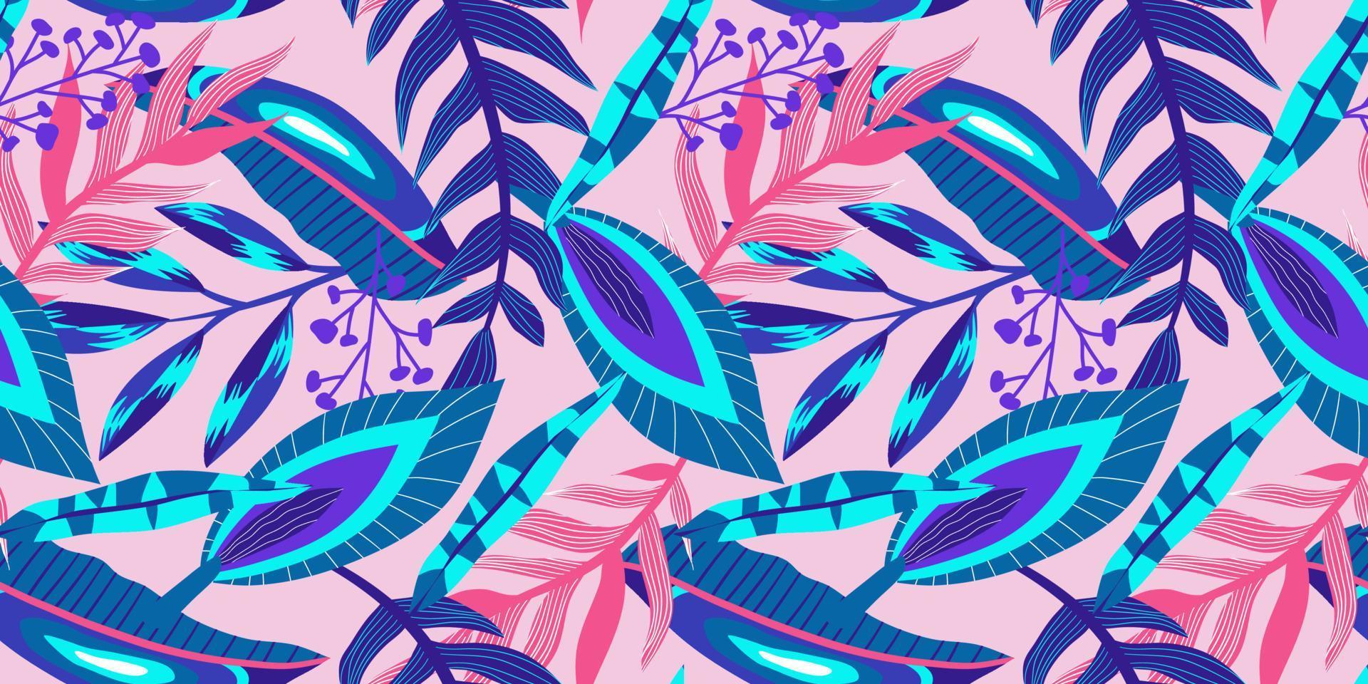 padrão sem emenda floral trópico de néon no fundo rosa. néon floral para design de verão brilhante. selva tropical em estilo abstrato em fundo rosa vetor
