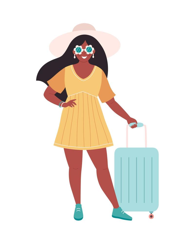 turista de mulher negra com mala de viagem ou bagagem. férias de verão, viagens de verão, verão. vetor