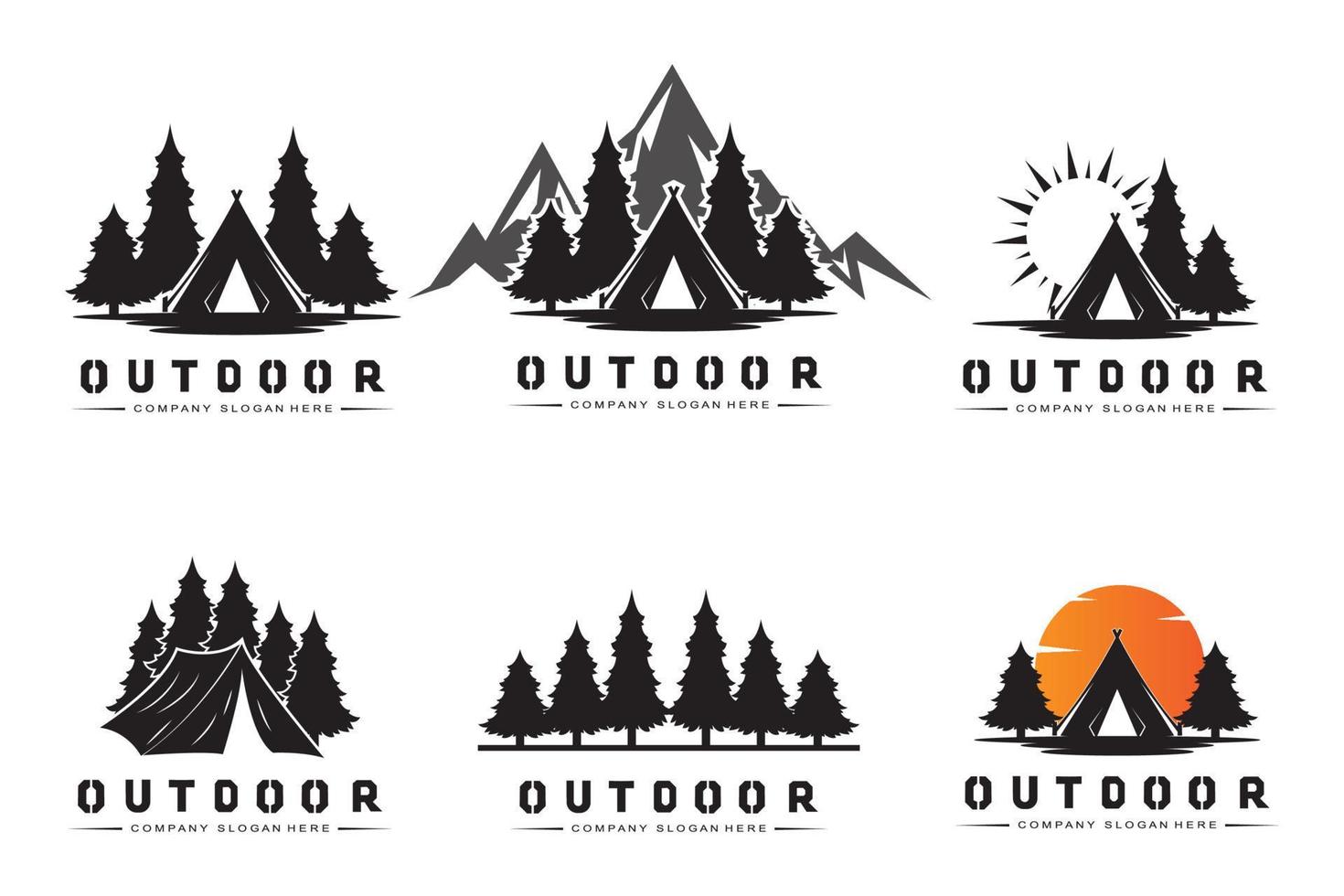 design de logotipo de acampamento, ilustração ao ar livre de paisagem de floresta e montanha vetor