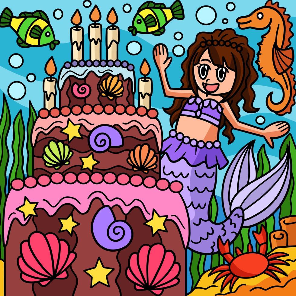 desenhos animados coloridos de sereia e bolo de aniversário vetor