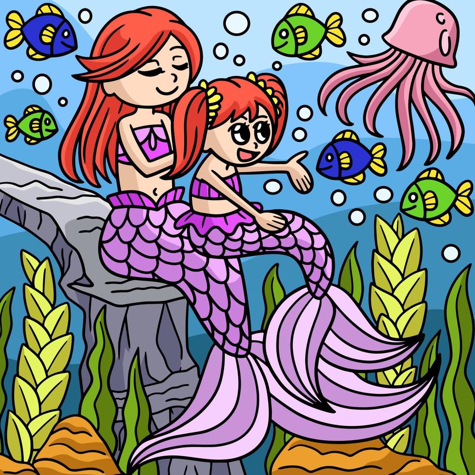 mãe e filha desenhos animados coloridos sereia vetor