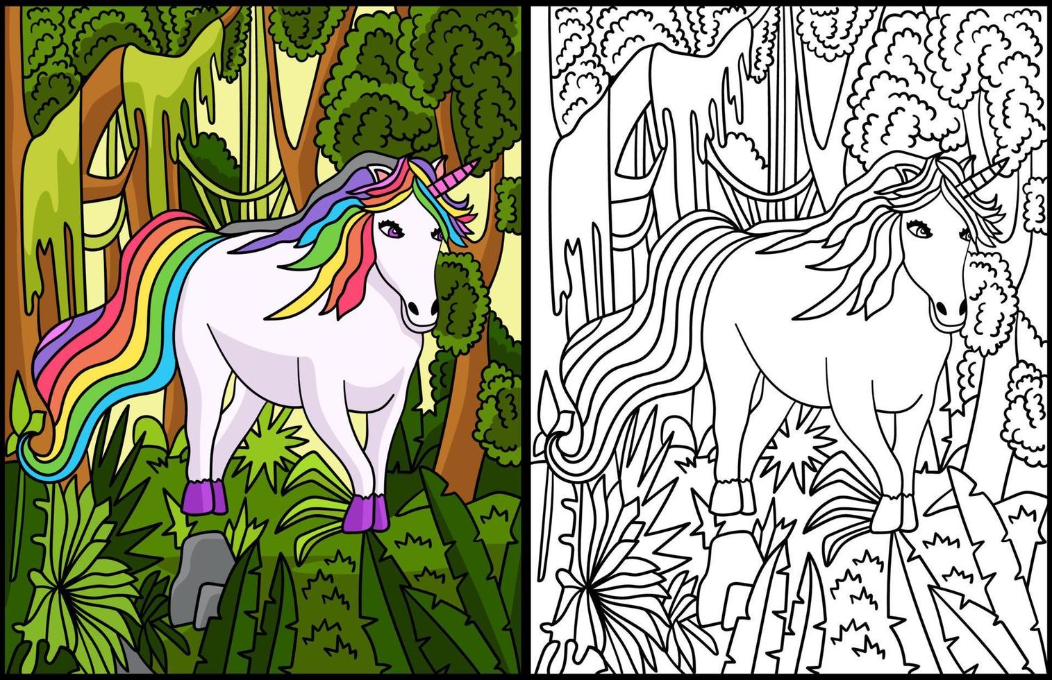 desenho de unicórnio na floresta para colorir para adultos vetor