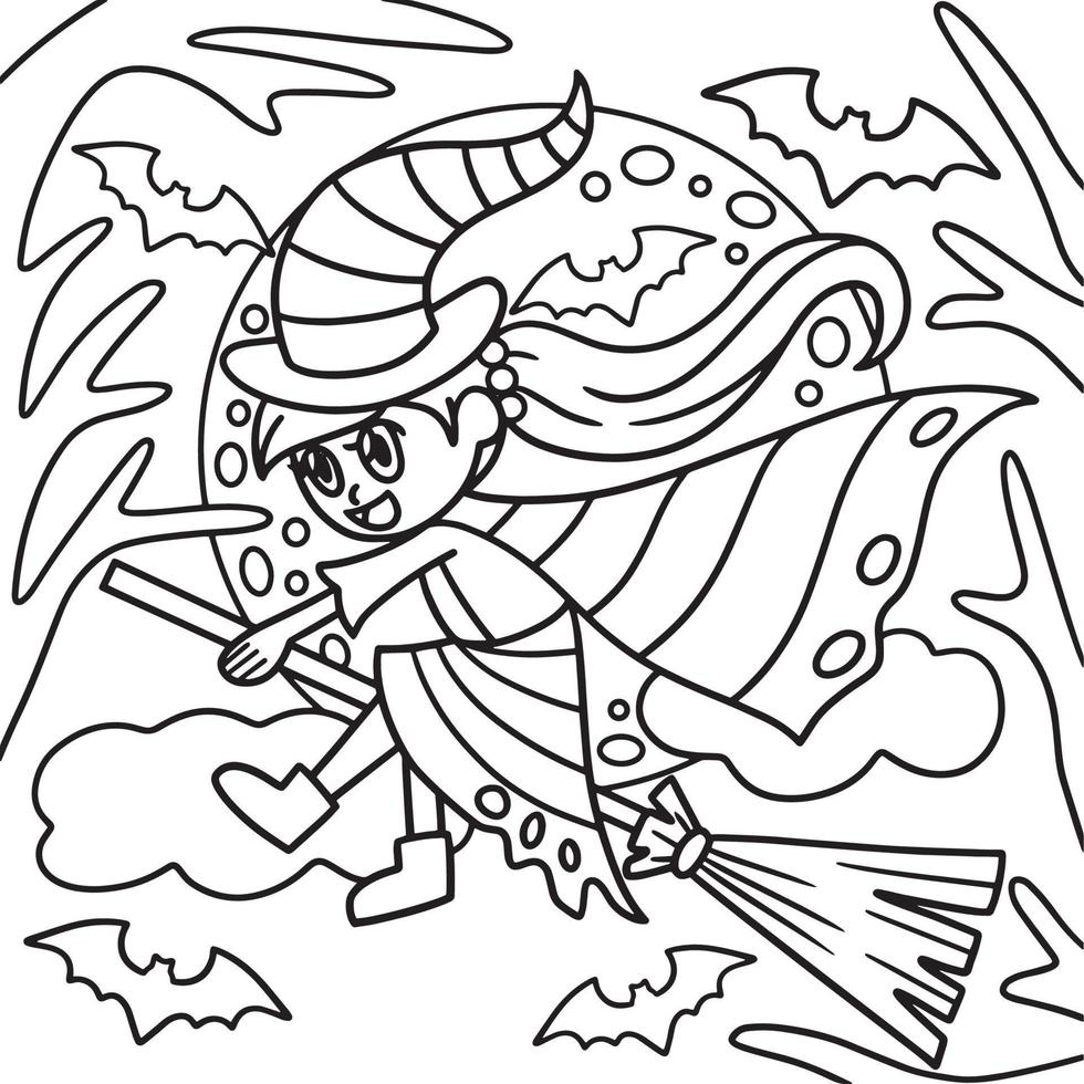 desenho de bruxa andando em uma vassoura para colorir de halloween vetor