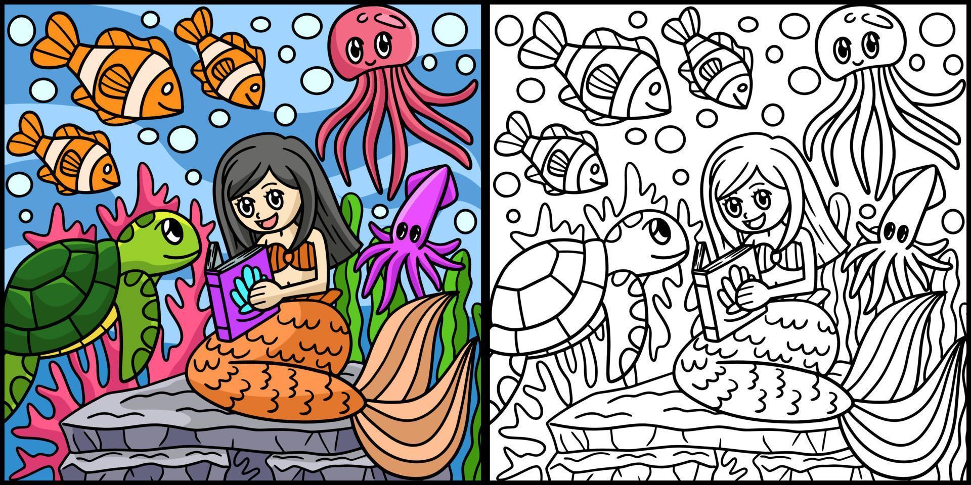 sereia lendo uma ilustração colorida de livro vetor