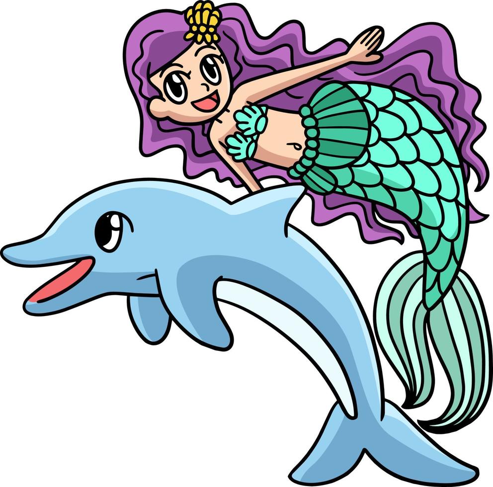 clipart de desenho animado de sereia e golfinho nadando vetor