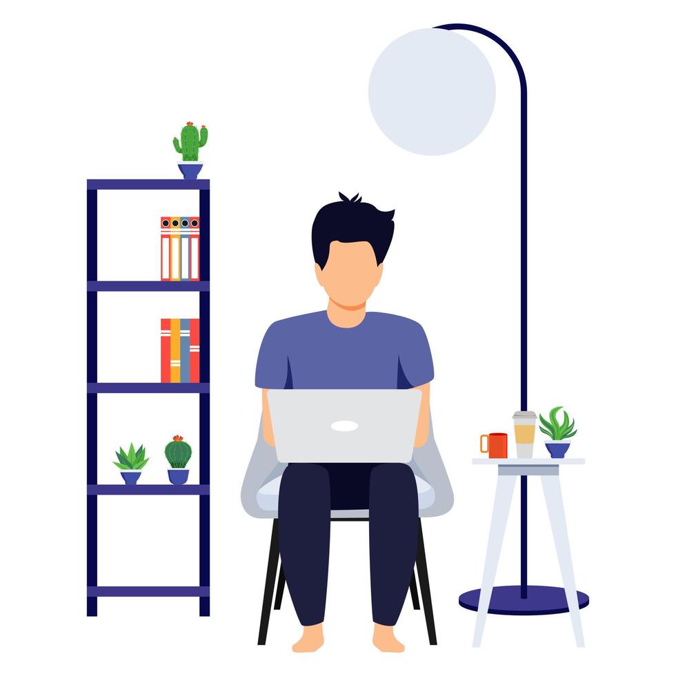 configuração de personagem freelancer masculino de design de escritório em casa na cadeira moderna com notebook laptop trabalhando com lâmpada de café isolada vetor