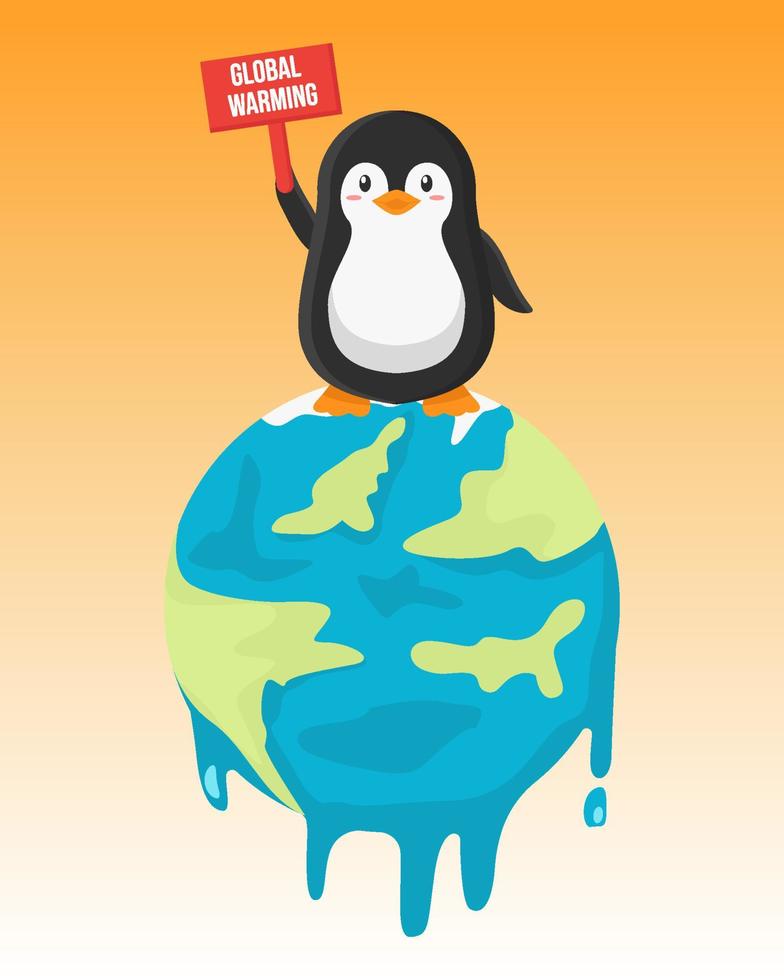 pinguim bonitinho segurando a bandeira do aquecimento global na terra derretida vetor