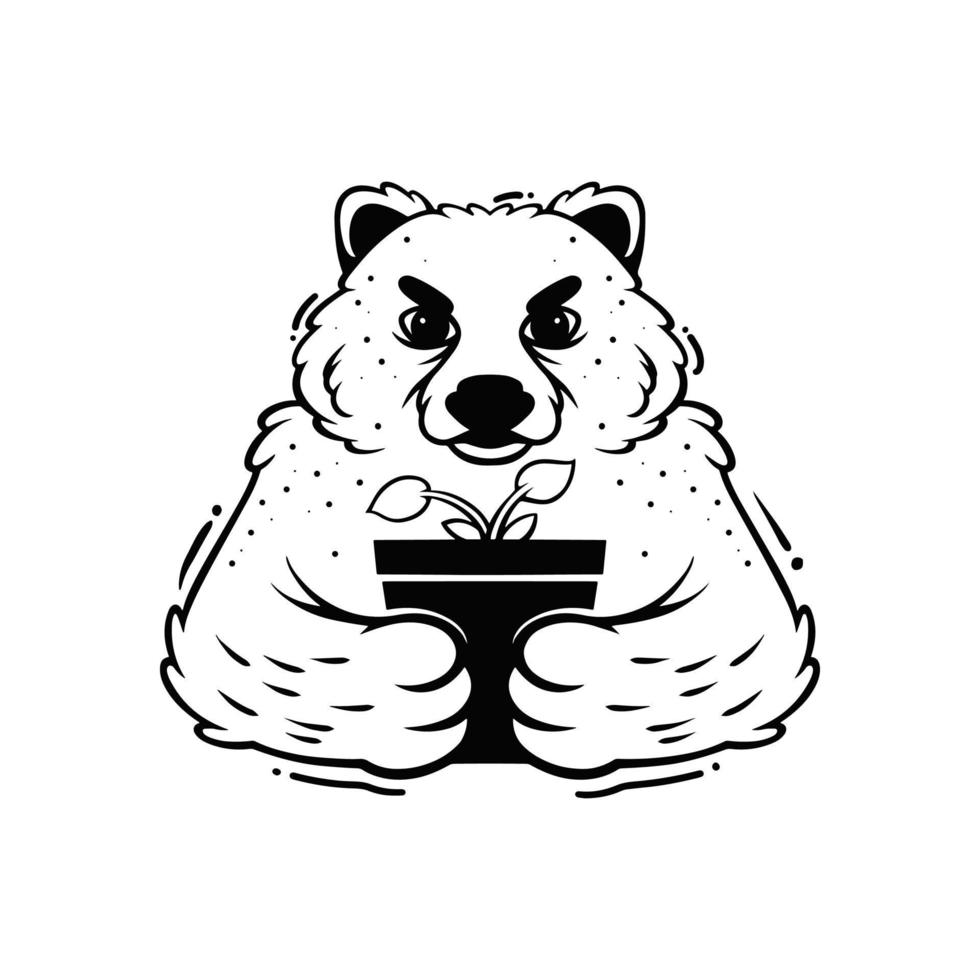 ilustração simples de um urso com planta vetor