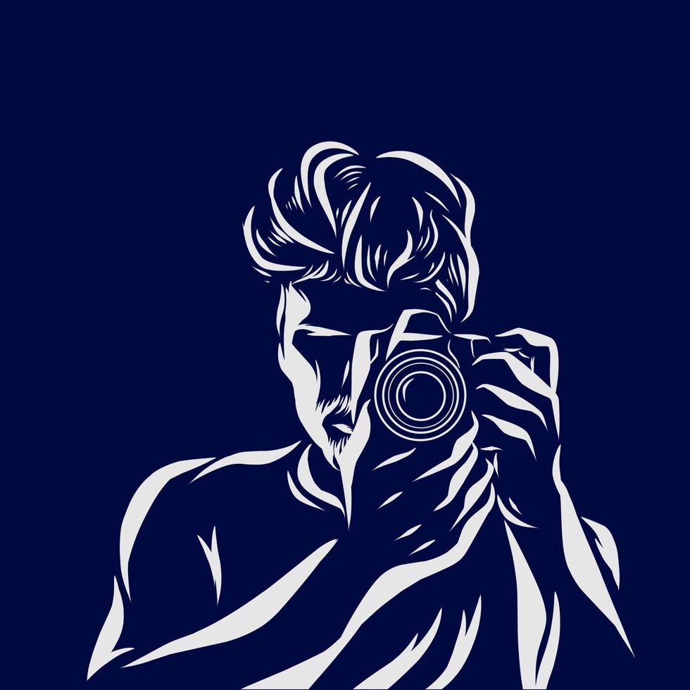 fotógrafo masculino tira uma foto. lne pop art retrato logotipo colorido design com fundo escuro. ilustração em vetor abstrato.