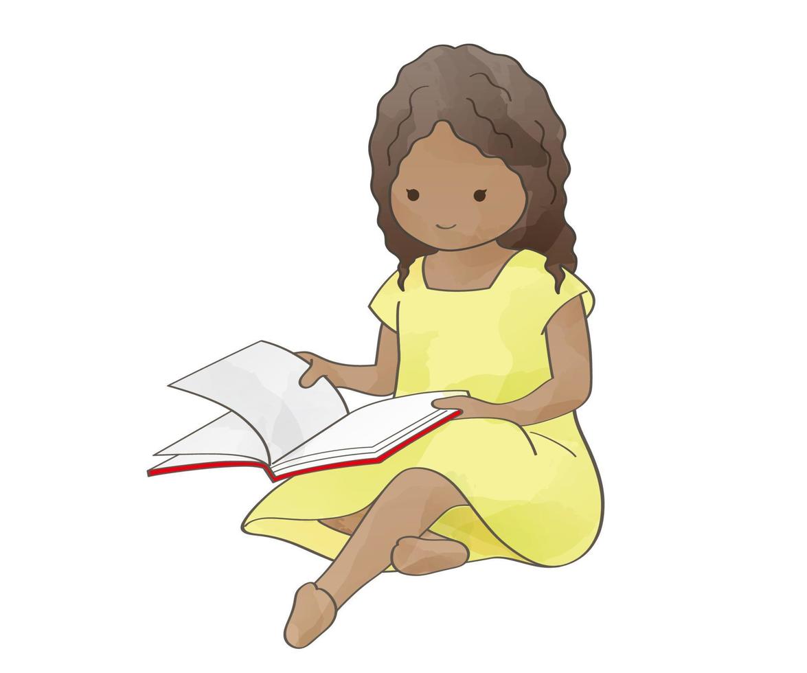 aquarela linda garota sentada e lendo um livro. ilustração vetorial. vetor