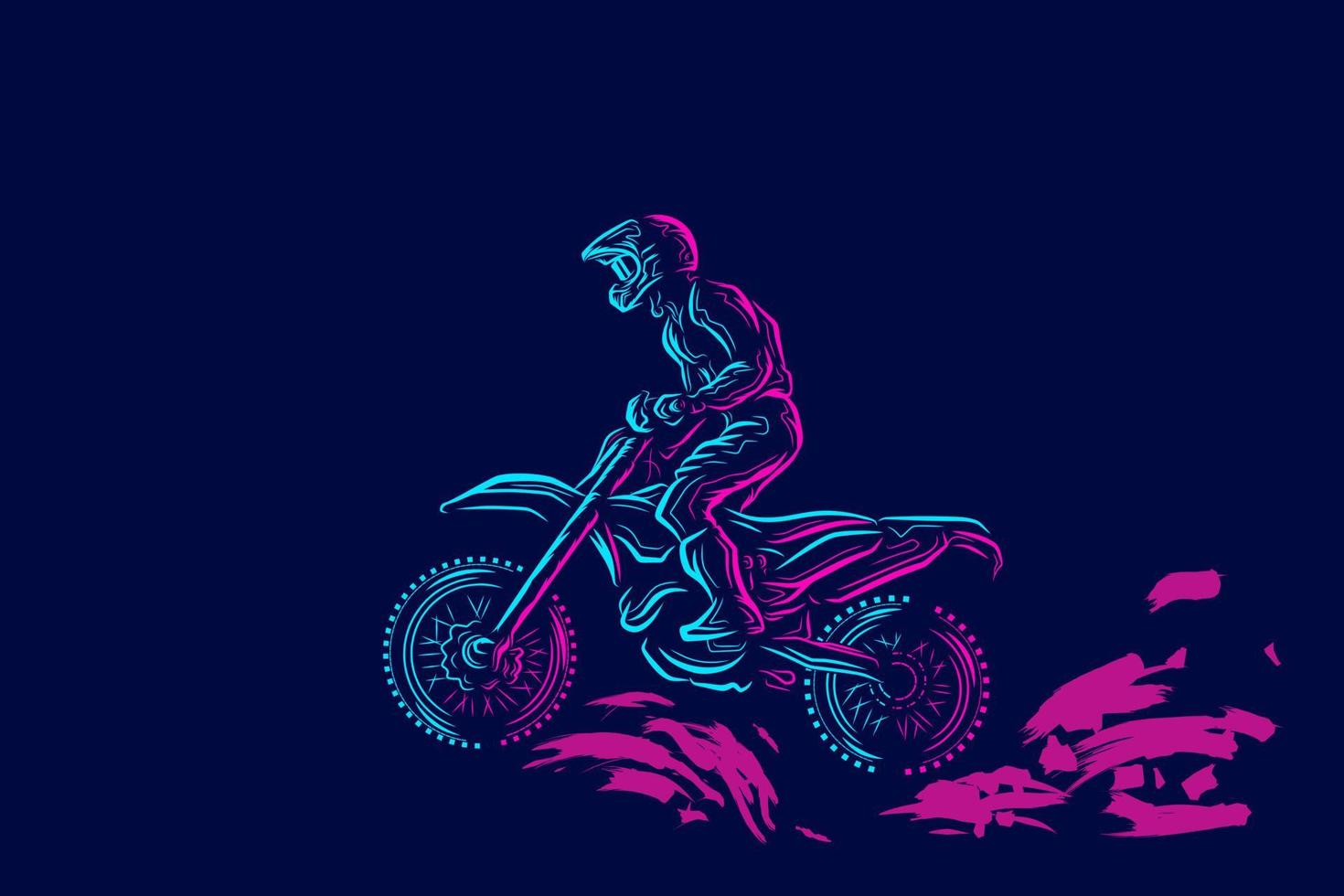 linha de motociclistas de motocross. logotipo da arte pop. design colorido com fundo escuro. ilustração em vetor abstrato. fundo preto isolado para camiseta, pôster, roupas, merchandising, vestuário, design de crachá