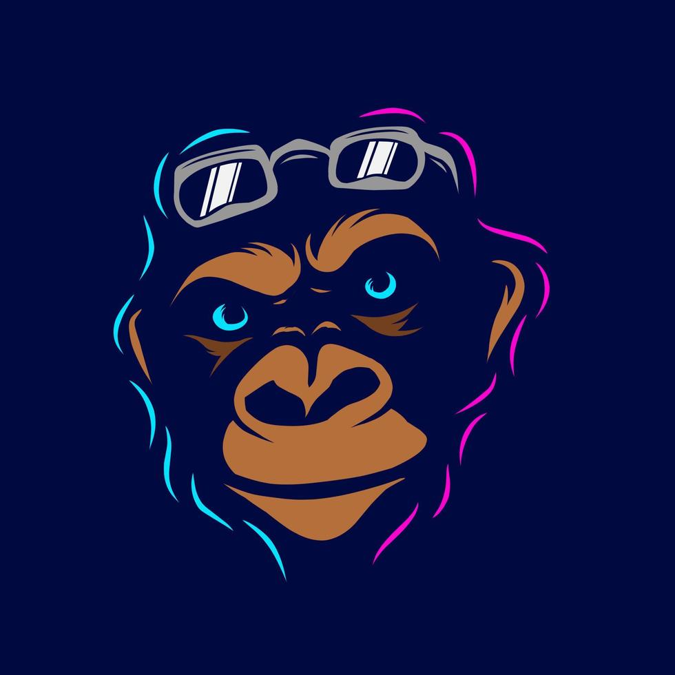 logotipo de arte pop de linha de macaco funky engraçado. design colorido com fundo escuro. ilustração em vetor abstrato. fundo preto isolado para camiseta, pôster, roupas, merchandising, vestuário, design de crachá