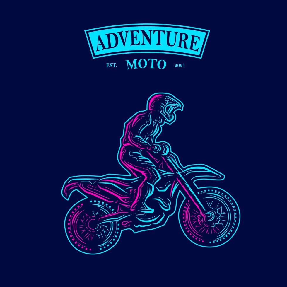 linha de motociclistas de motocross. logotipo da arte pop. design colorido com fundo escuro. ilustração em vetor abstrato. fundo preto isolado para camiseta, pôster, roupas, merchandising, vestuário, design de crachá