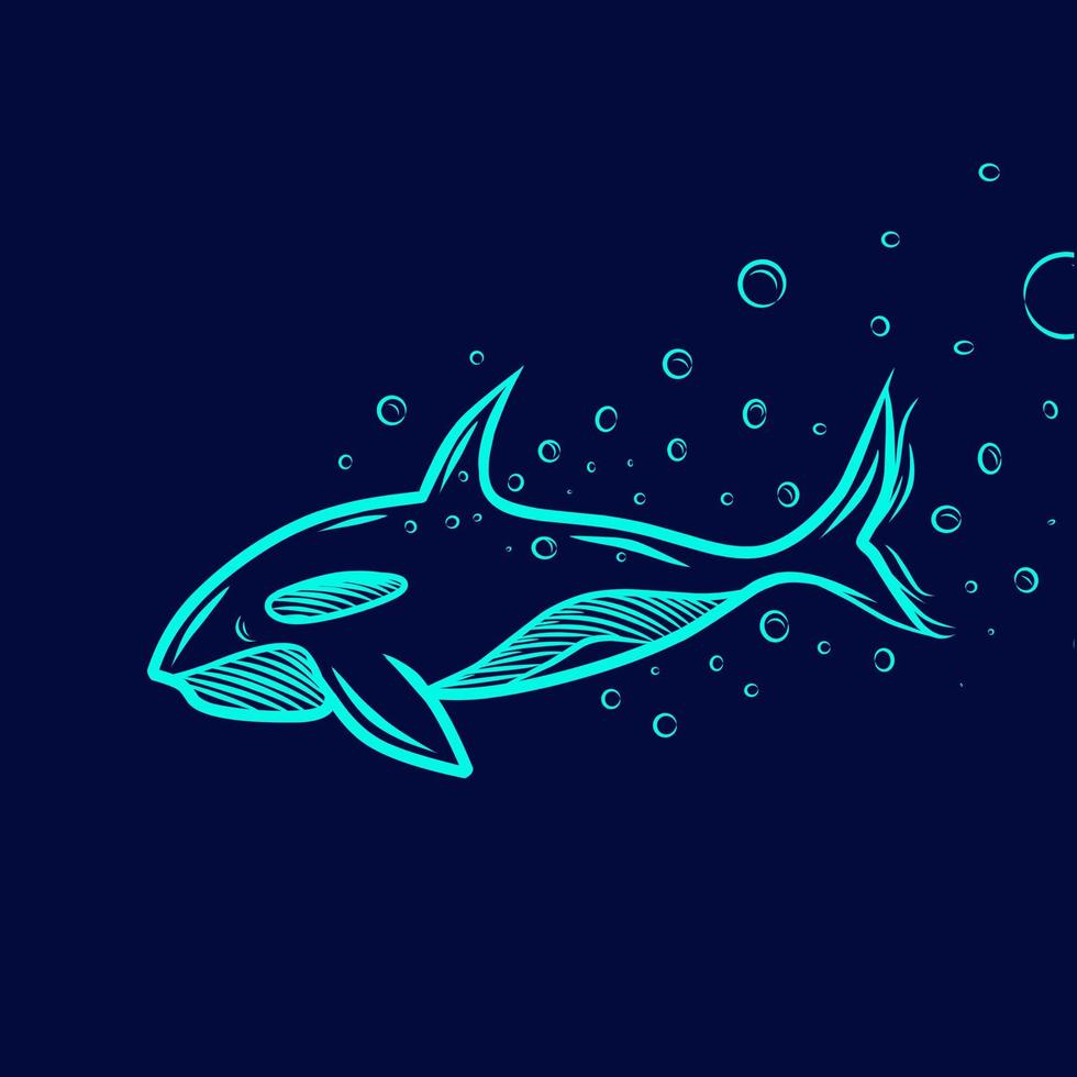 logotipo de arte pop de linha de baleia. design colorido com fundo escuro. ilustração em vetor abstrato. fundo preto isolado para camiseta, pôster, roupas, merchandising, vestuário, design de crachá
