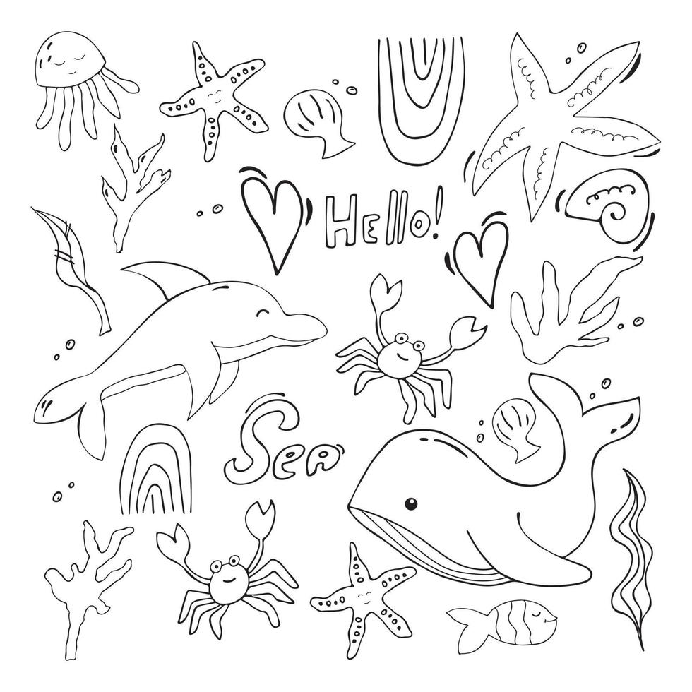 uma coleção de rabiscos do mar - criaturas do mar, peixes, estrelas do mar, etc. em contorno, preto e branco sobre um fundo branco. vetor