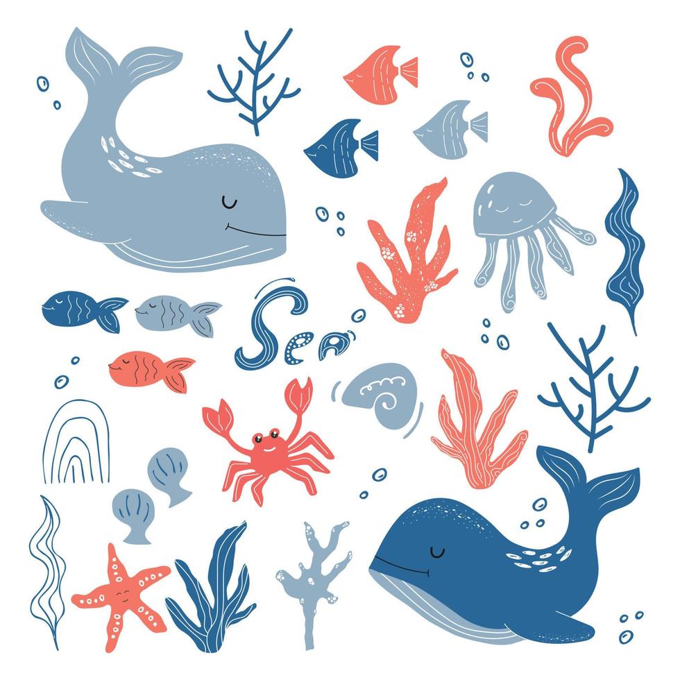 conjunto náutico colorido em cores da moda com criaturas marinhas, baleias, algas marinhas, estrelas do mar e assim por diante vetor
