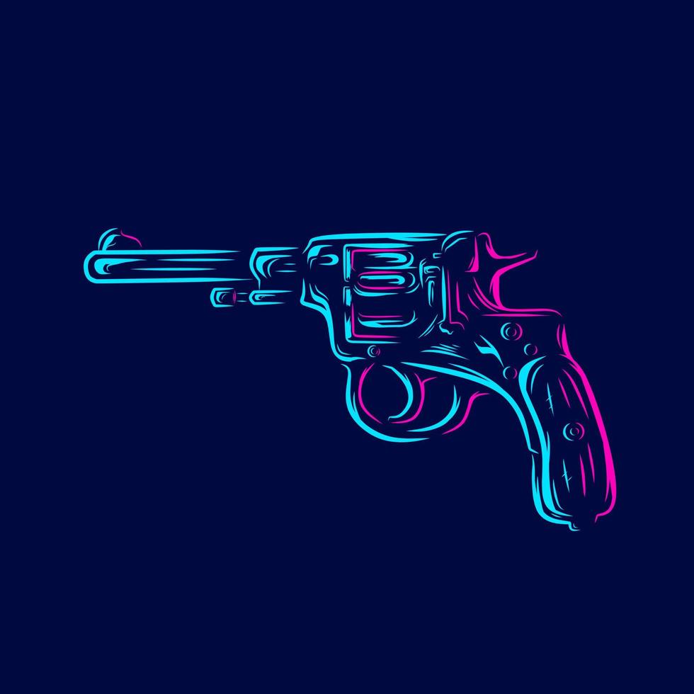 revólver da arma. linha de revólver de pistola vintage. logotipo da arte pop. design colorido com fundo escuro. ilustração em vetor abstrato. fundo preto isolado para camiseta, pôster, roupas.