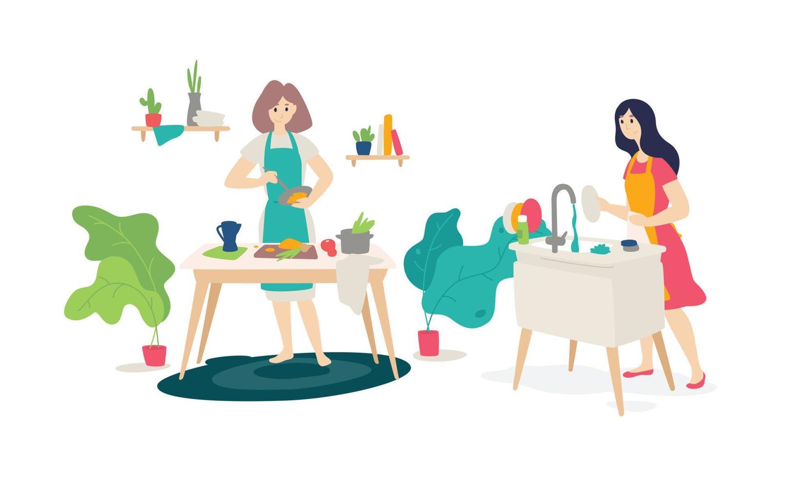 ilustração de meninas na cozinha. vetor. estilo plano. esposa se prepara em casa. cursos de culinária online. dona de casa lava os pratos. dever de casa das mulheres. vetor