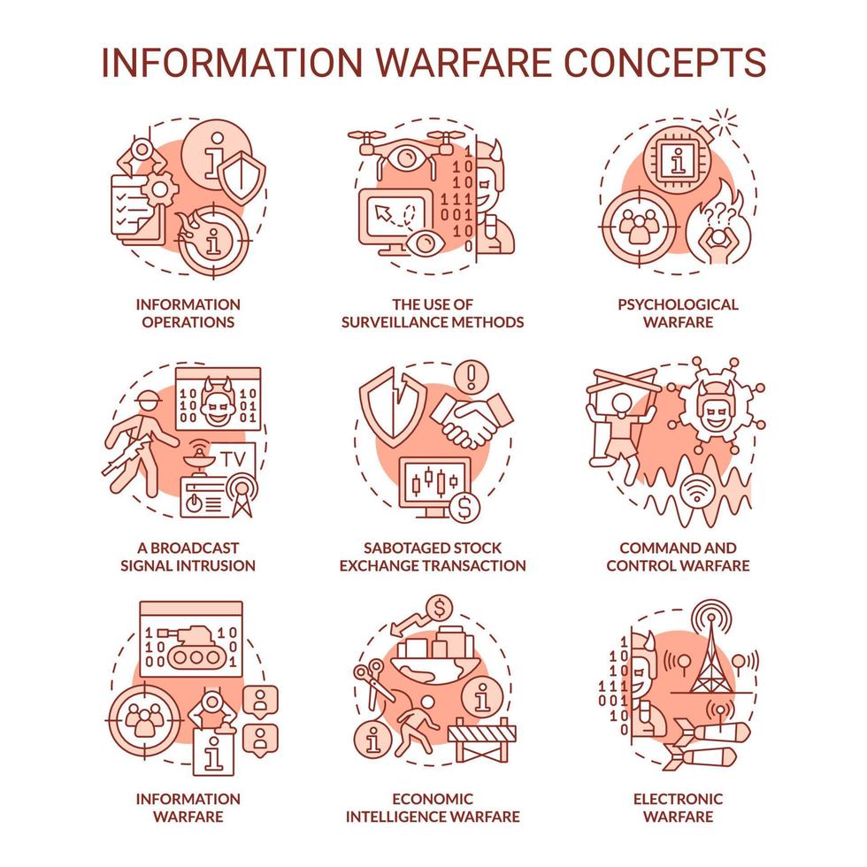 conjunto de ícones de conceito vermelho de guerra de informação. enganar os adversários. ilustrações de cores de linha fina de ideia de estratégia e tática. símbolos isolados. traço editável. vetor