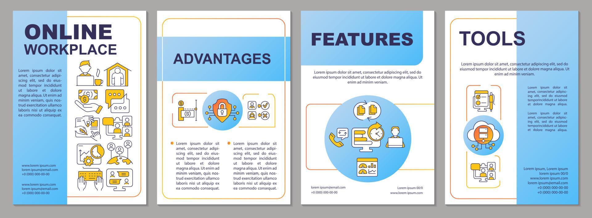 local de trabalho on-line e modelo de folheto azul de negócios. escritório remoto. design de folheto com ícones lineares. 4 layouts vetoriais para apresentação, relatórios anuais. vetor