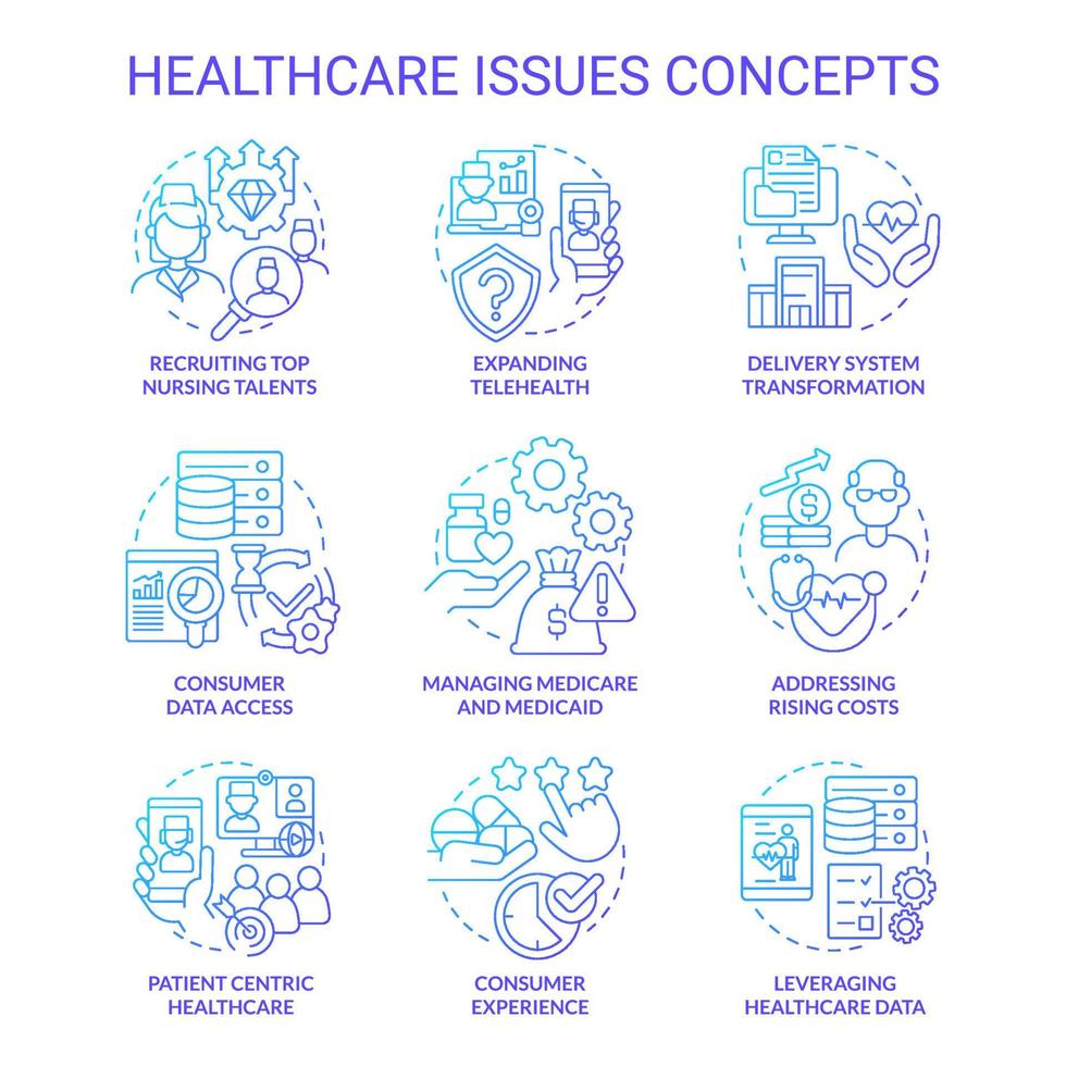 problemas de saúde conjunto de ícones de conceito gradiente azul. expandindo ilustrações de cores de linha fina de ideia de telessaúde. gerenciando o medicare. símbolos isolados. vetor