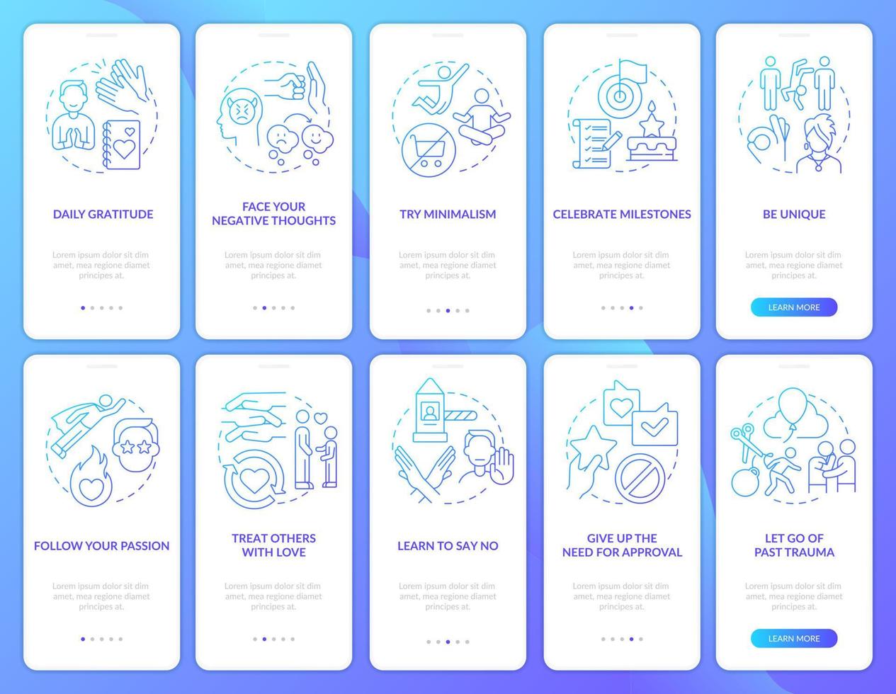 conjunto de tela de aplicativo móvel de integração de gradiente azul de bem-estar mental pessoal. passo a passo 5 passos páginas de instruções gráficas com conceitos lineares. ui, ux, modelo de gui. vetor