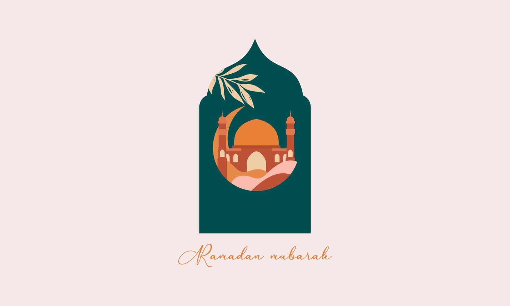 estilo moderno ramadan mubarak cartões com design retro boho, lua, cúpula de mesquita e lanternas vetor