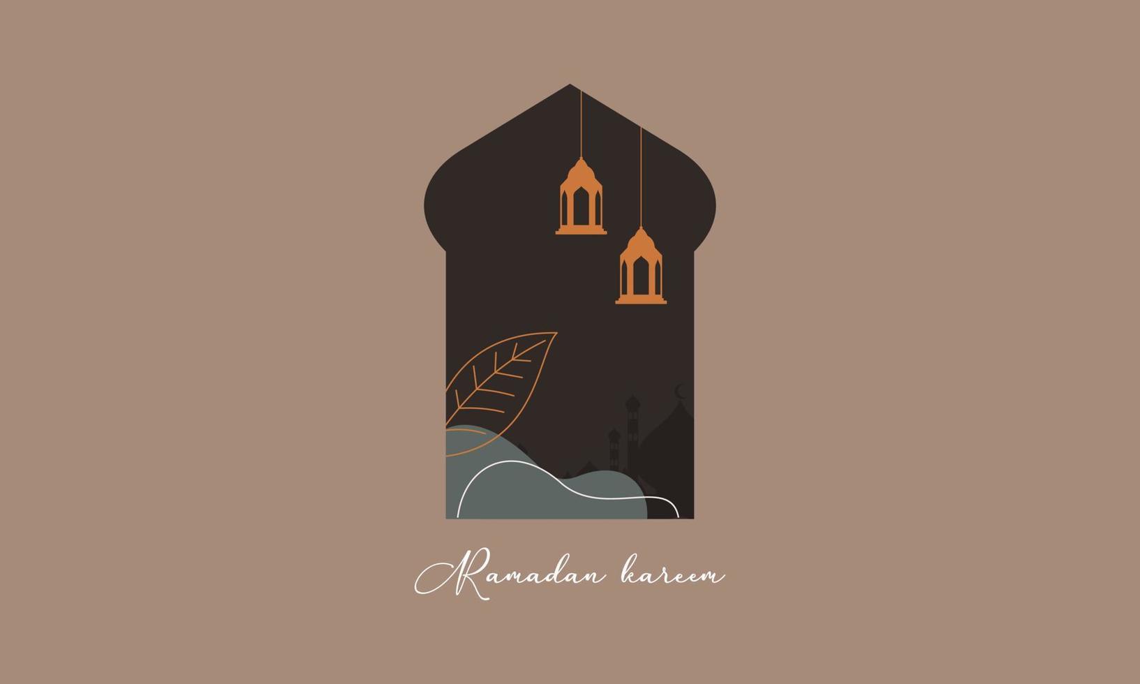 estilo moderno ramadan mubarak cartões com design retro boho, lua, cúpula de mesquita e lanternas vetor