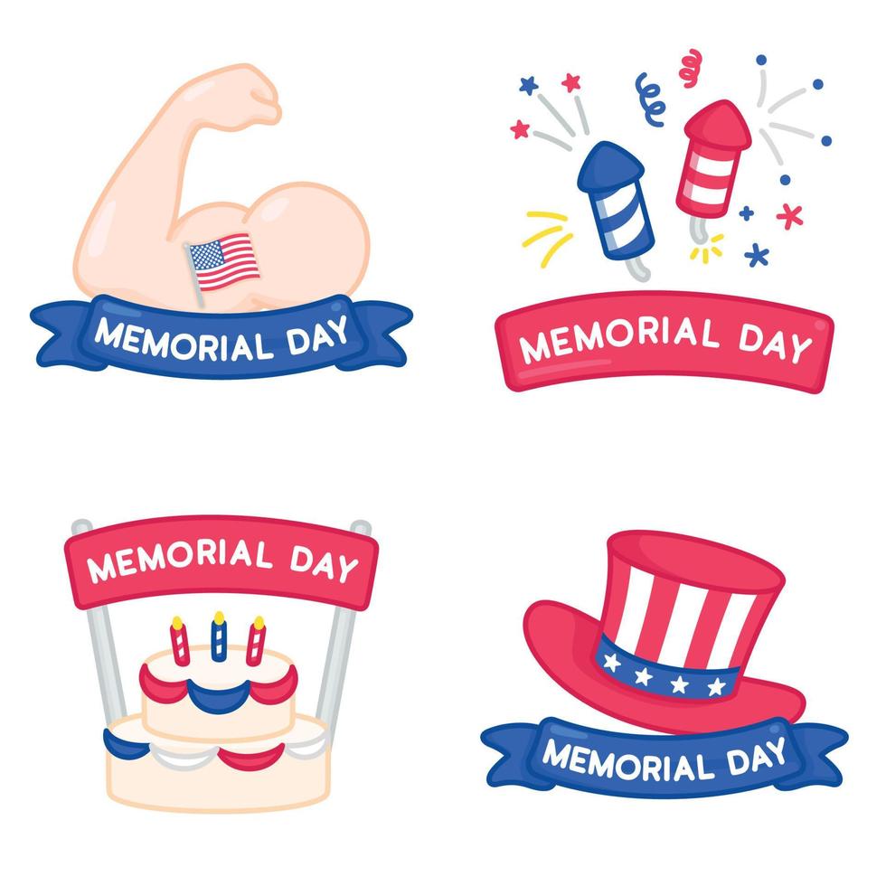 adesivo de logotipo em comemoração ao dia da independência americana ou ilustração em vetor plano memorial kawaii doodle