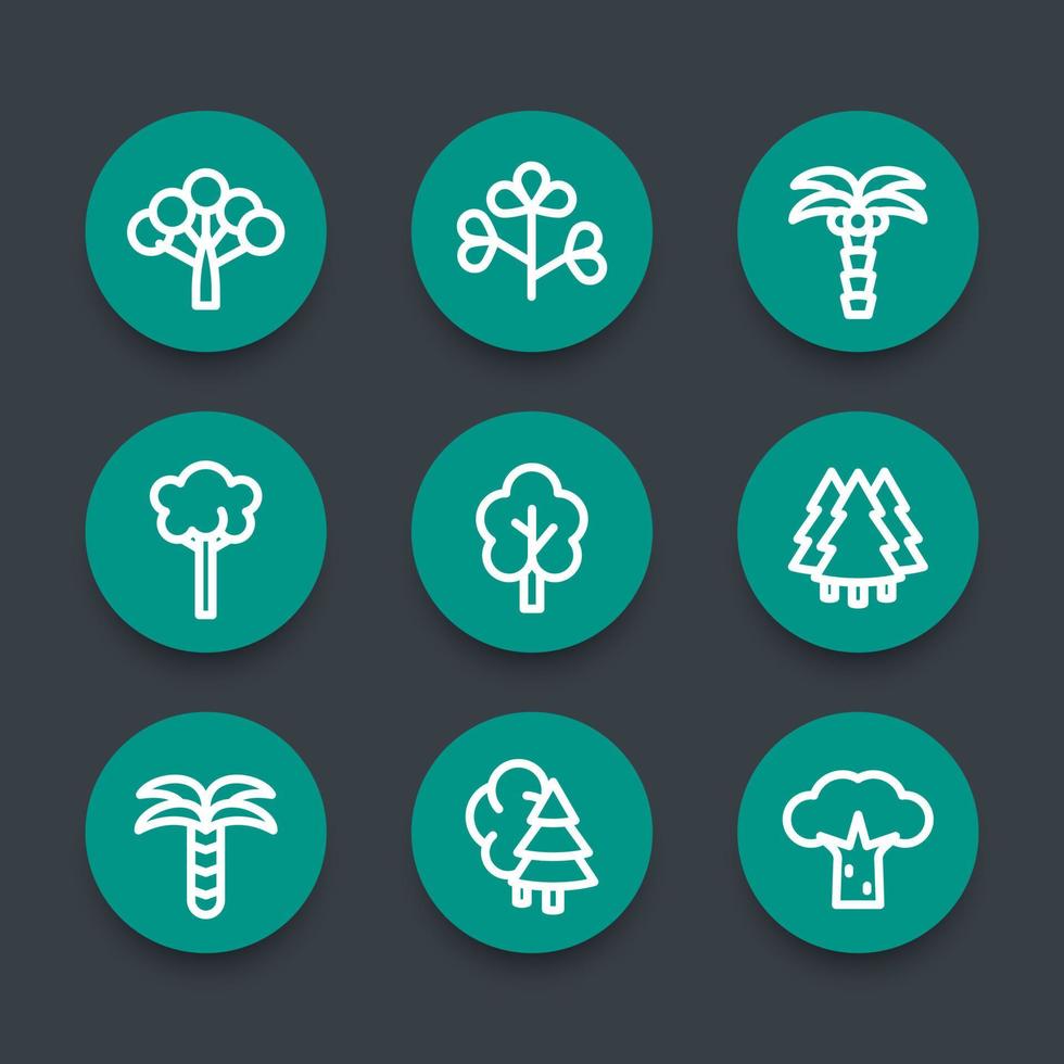 conjunto de ícones redondos lineares de árvores vetor
