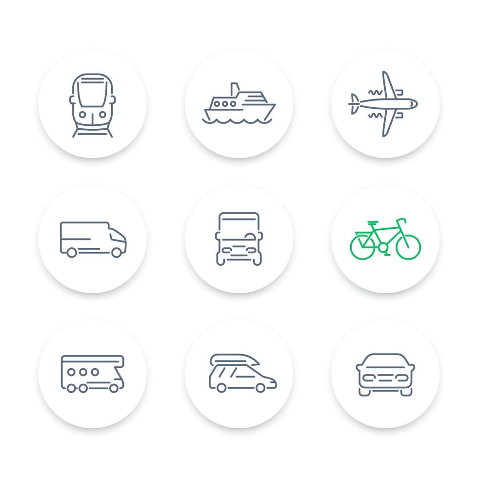 ícones de linha de transporte, carro, van, ônibus, trem, avião, navio, conjunto de ícones redondos, ilustração vetorial vetor