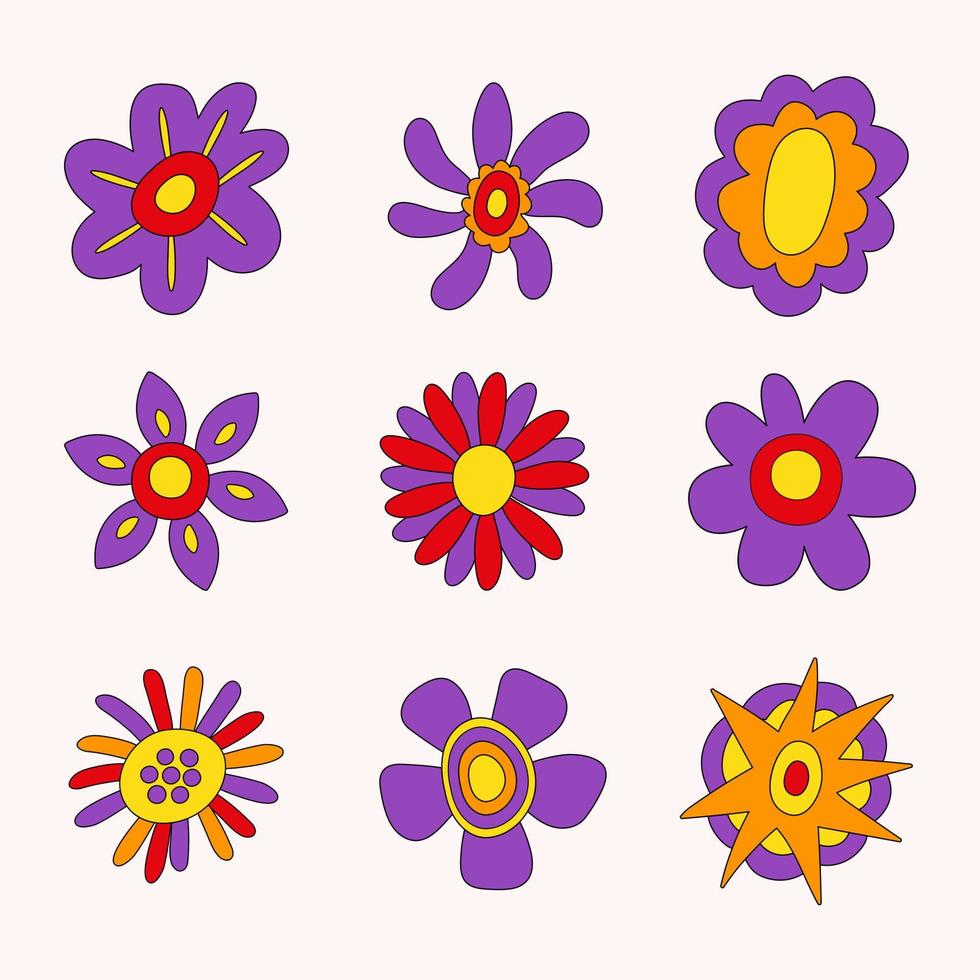 coleção retrô de flores coloridas hippie. projeto botânico groovy festivo vintage. ilustração vetorial na moda no estilo dos anos 70 e 80. vetor