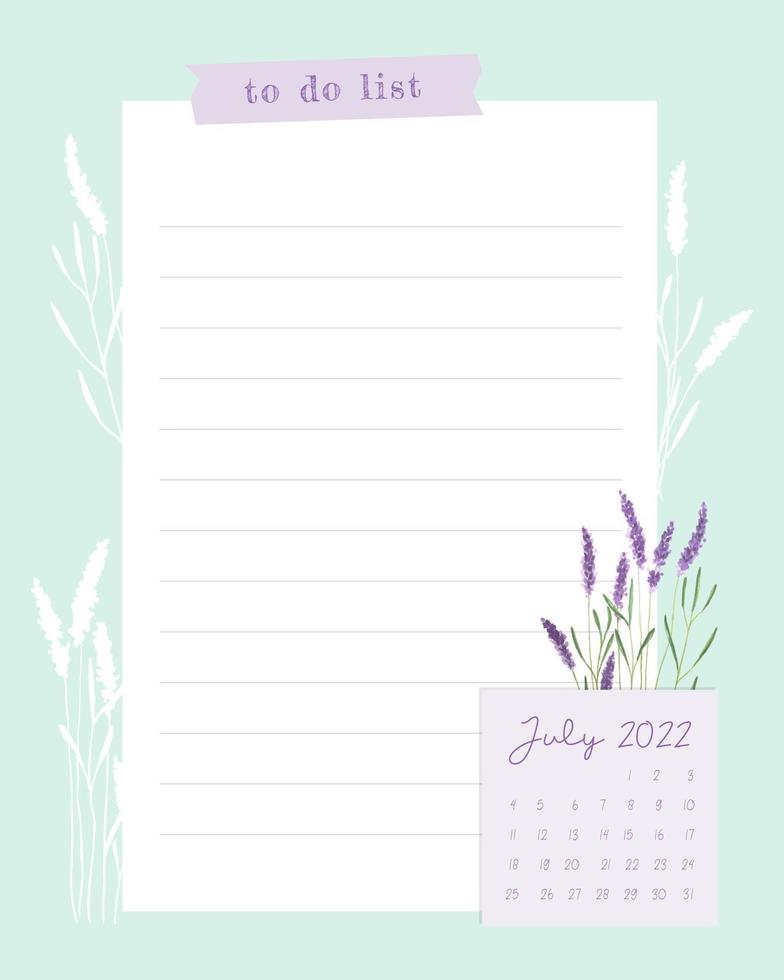 calendário julho 2022 para fazer a lista, modelo, em branco, selo aquarela lavanda, scrapbooking, planos, vintage. vetor