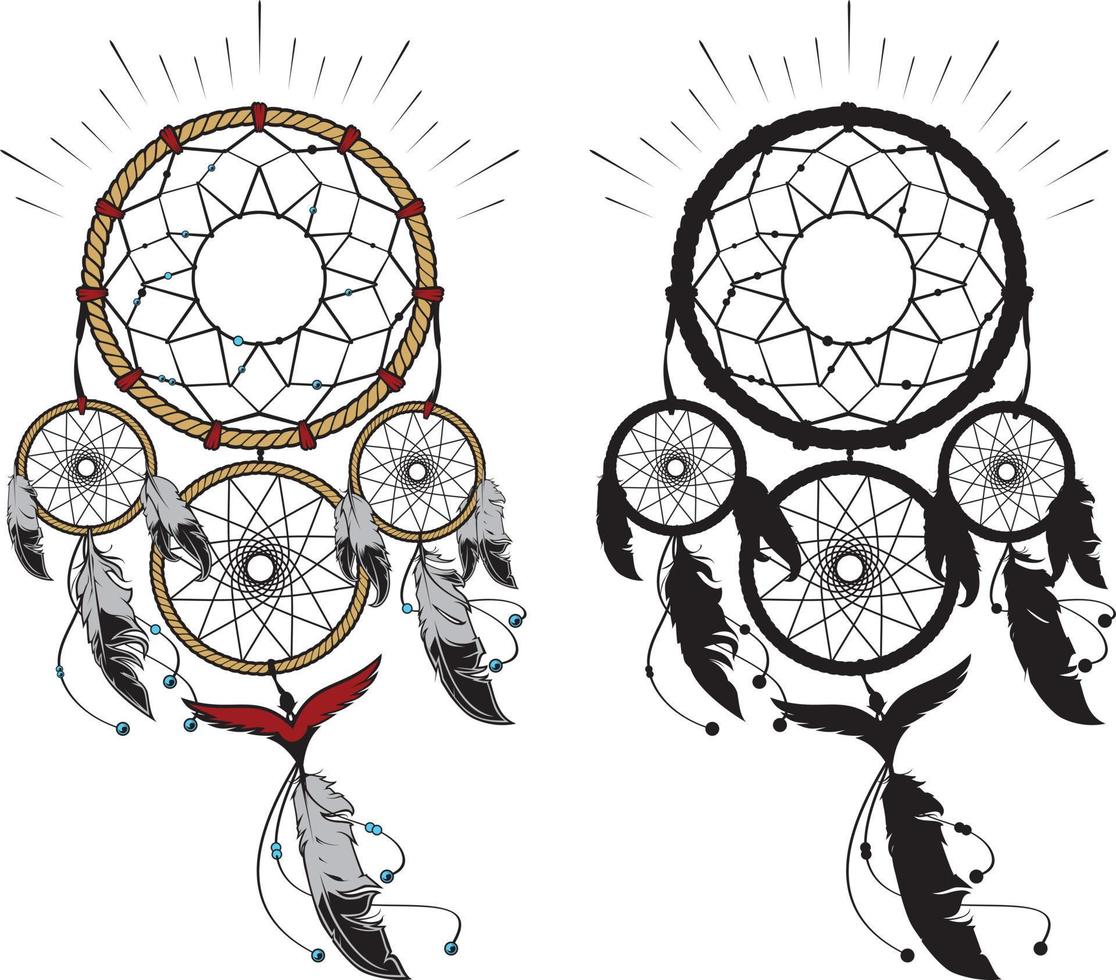 apanhador de sonhos decorado com penas e miçangas. mão desenhada ilustração vetorial. silhueta. vetor
