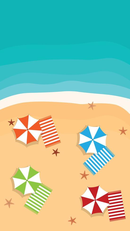 bela praia com guarda-chuvas de cor e toalhas na areia. ilustração vetorial de vista superior vetor