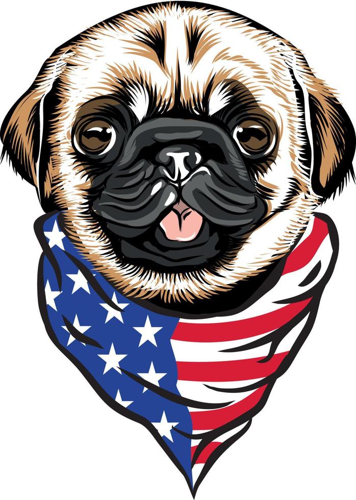 cabeça de cachorro pug usando bandana de pescoço de bandeira americana vetor