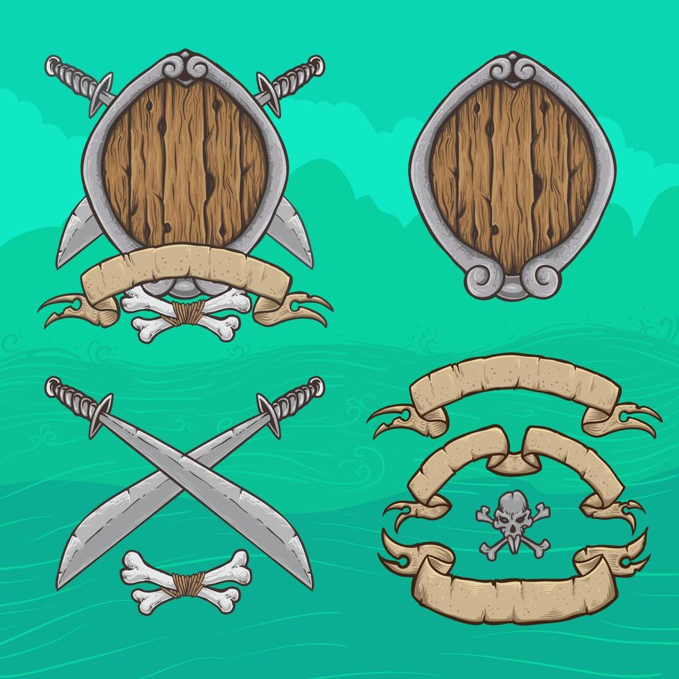 conjunto de escudo temático de pirata de modelo em branco com banner de espada, caveira e fita vetor
