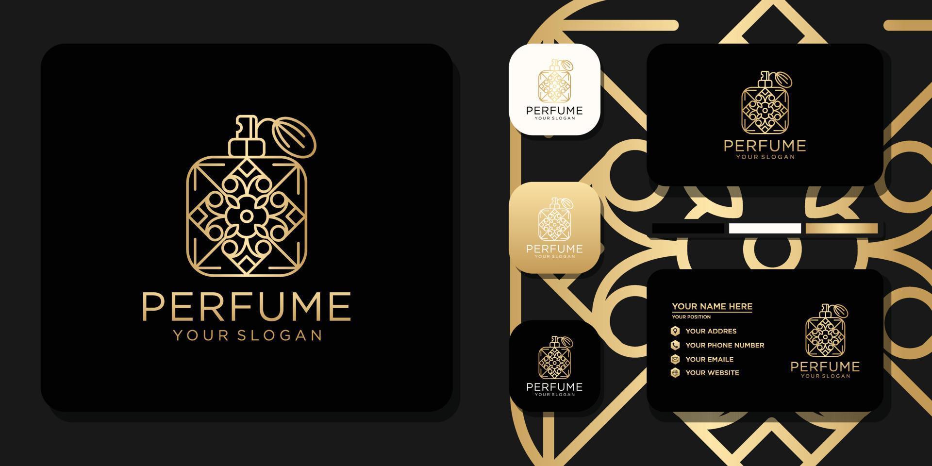 logotipo de perfume de luxo com design de garrafa e referência de modelo de cartão de visita vetor