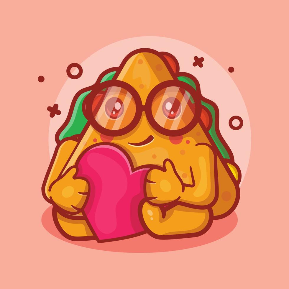adorável personagem de comida de sanduíche de triângulo segurando desenho isolado de mascote de sinal de coração de amor em design de estilo simples vetor