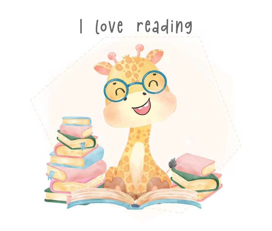 linda aquarela feliz criança nerd girafa lendo muitos livros, eu amo ler, de volta à escola desenhos animados da infância animais selvagens vetor de aquarela