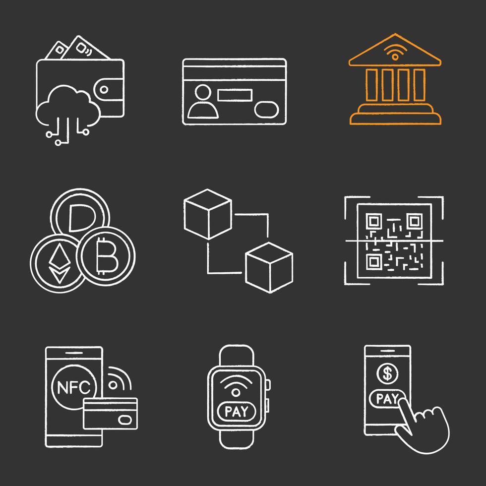 conjunto de ícones de giz de pagamento eletrônico. dinheiro eletrônico. pagamentos sem dinheiro e sem contato. compra digital. acesso a operações bancárias via Internet. tecnologia nf. ilustrações de quadro-negro vetoriais isolados vetor