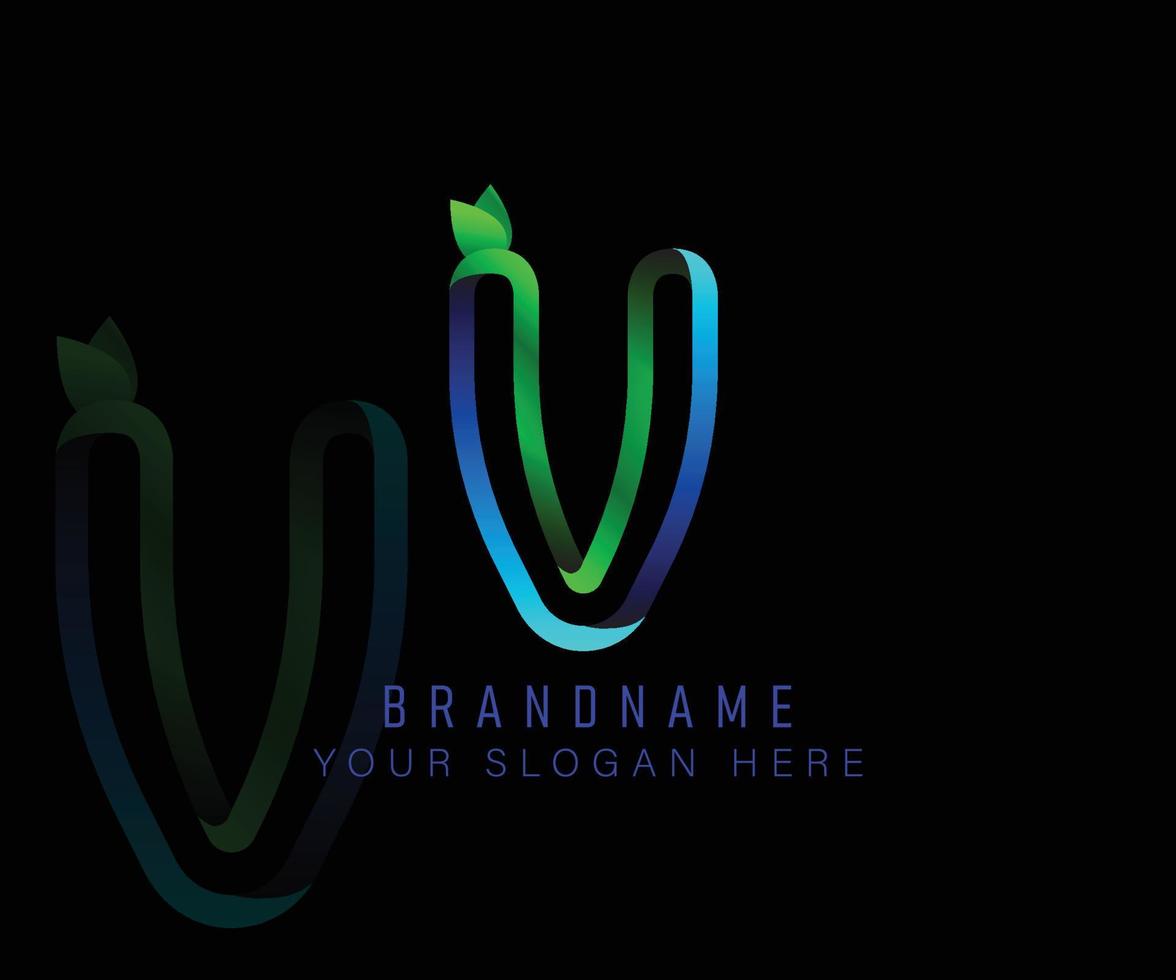 letra inicial do logotipo v com folha verde gradiente e modelo de água azul. elementos de modelo de design vetorial para seu aplicativo de ecologia ou identidade corporativa. vetor