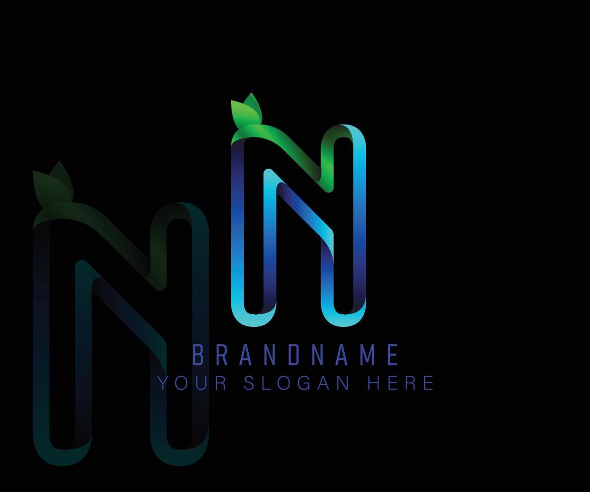 letra inicial do logotipo n com folha verde gradiente e modelo de água azul. elementos de modelo de design vetorial para seu aplicativo de ecologia ou identidade corporativa. vetor