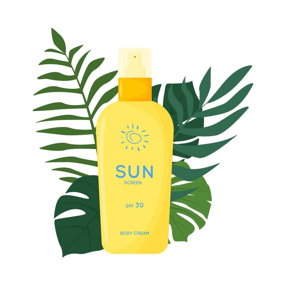 produto para cuidados com a pele no chão de folhas tropicais. segurança do sol, spray de proteção uv. tubo de produto protetor solar com spf. cosmético de verão. ilustração vetorial plana isolada no fundo branco. vetor