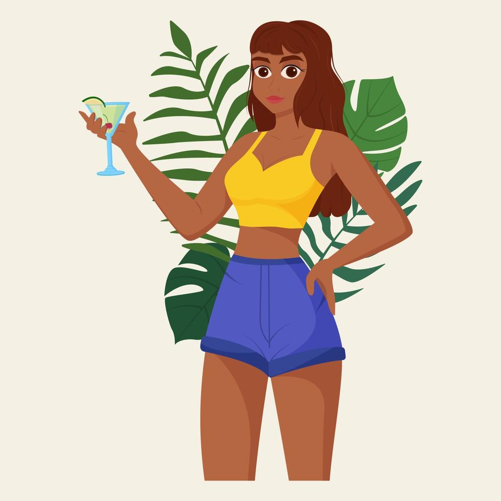 mulher bonita bebe coquetel refrescante. plantas tropicais exóticas. conceito de bebida e bebida de verão. ilustração vetorial plana. vetor