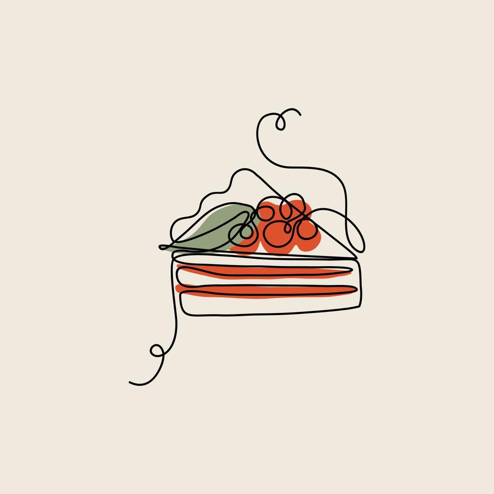 bolo de estilo de arte de linha, sobremesa doce com frutas e hortelã. ilustração vetorial minimalista para logotipo, cartão, convite. vetor