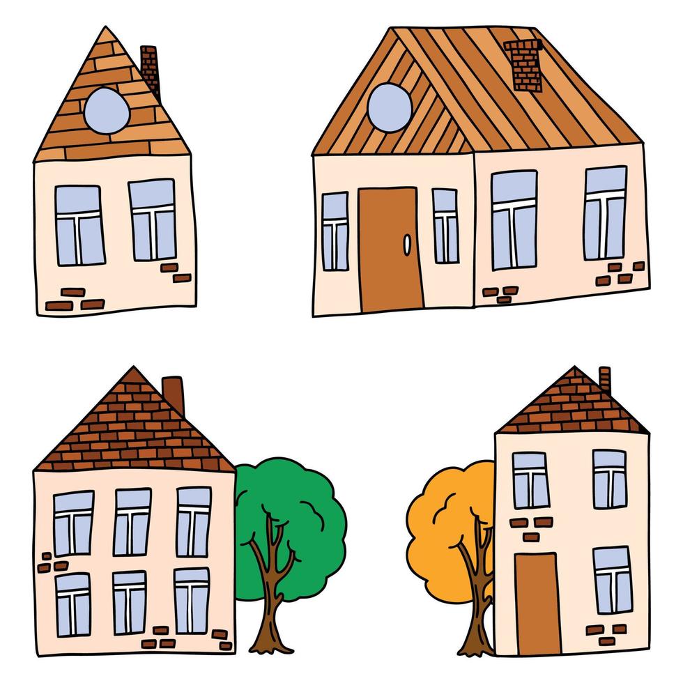 conjunto vetorial de casas no estilo de doodle. casas de tijolos e árvores. vetor