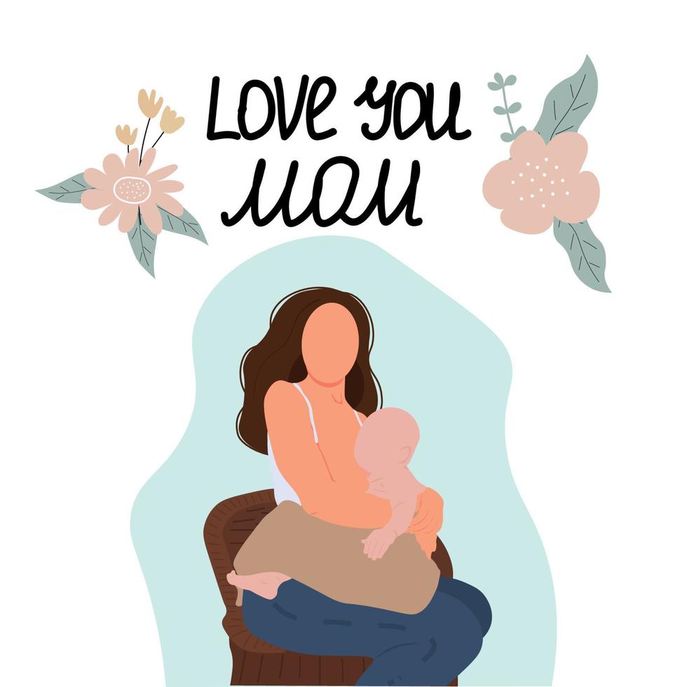 mãe alimentando um bebê. ilustração de amamentação, letras de feliz dia das mães. perfeito para cartão, flaer, presentes, pôster, banner, cartões de aniversário. vetor