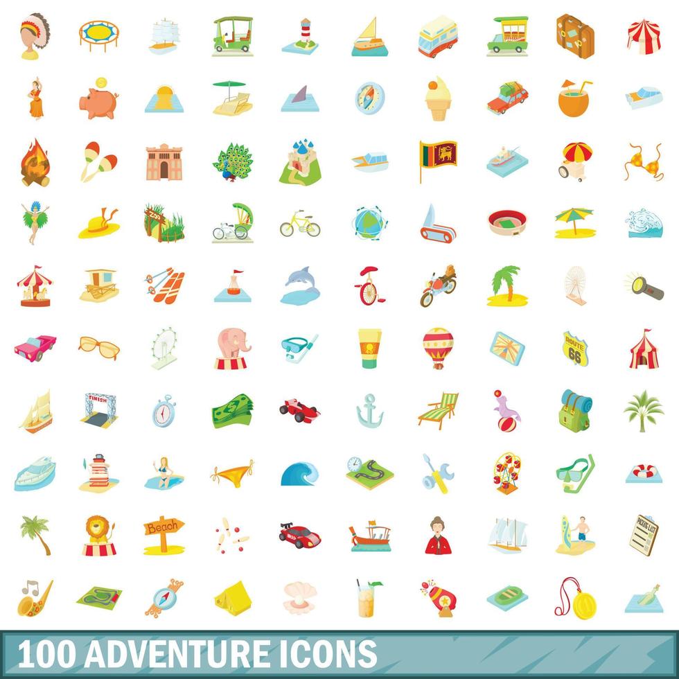 conjunto de 100 ícones de aventura, estilo cartoon vetor